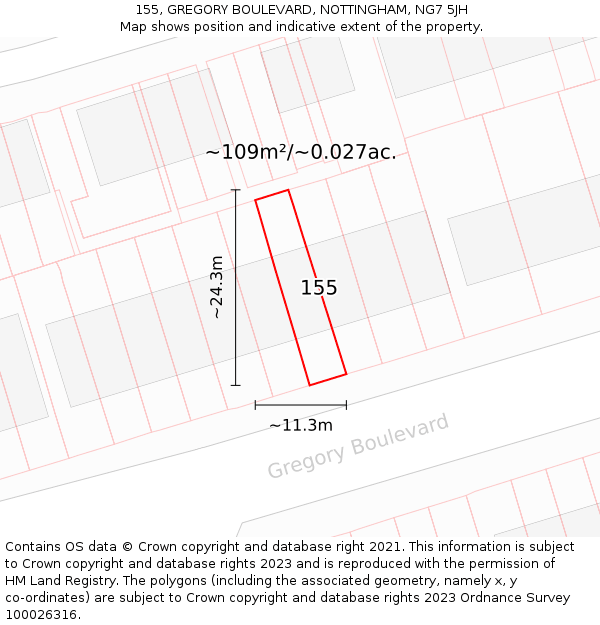 155, GREGORY BOULEVARD, NOTTINGHAM, NG7 5JH: Plot and title map