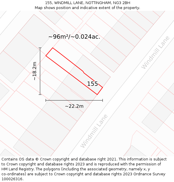 155, WINDMILL LANE, NOTTINGHAM, NG3 2BH: Plot and title map
