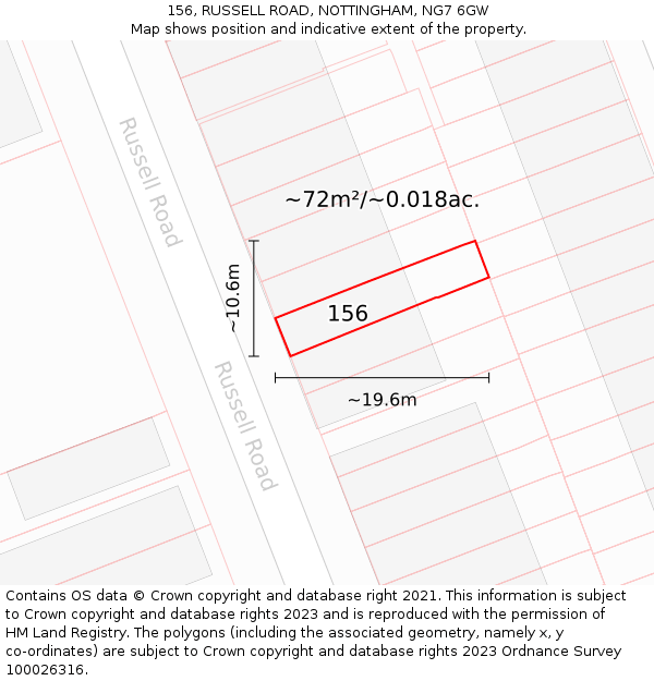 156, RUSSELL ROAD, NOTTINGHAM, NG7 6GW: Plot and title map