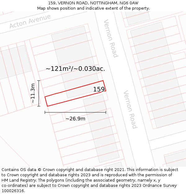 159, VERNON ROAD, NOTTINGHAM, NG6 0AW: Plot and title map
