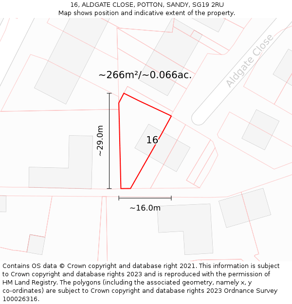 16, ALDGATE CLOSE, POTTON, SANDY, SG19 2RU: Plot and title map