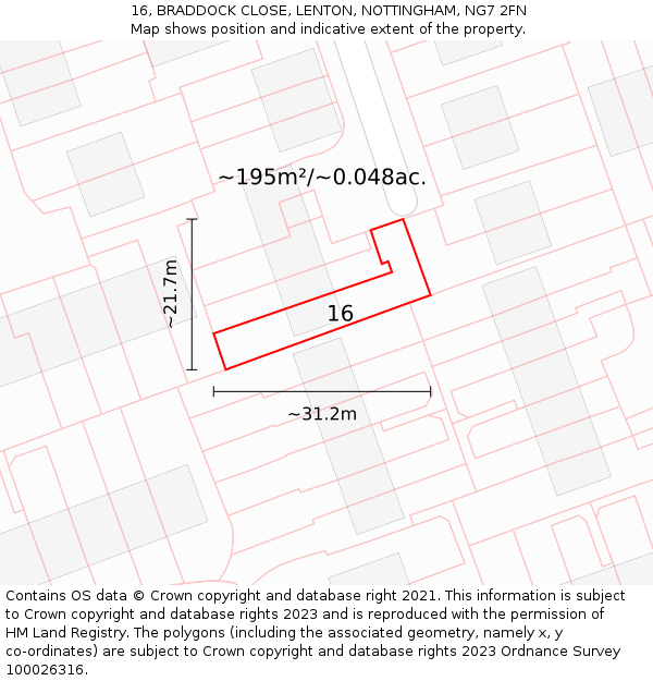 16, BRADDOCK CLOSE, LENTON, NOTTINGHAM, NG7 2FN: Plot and title map