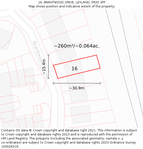 16, BRANTWOOD DRIVE, LEYLAND, PR25 3PF: Plot and title map