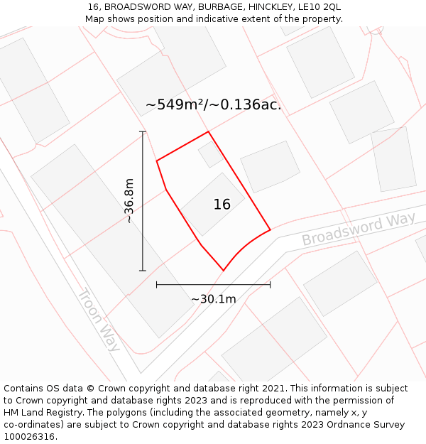 16, BROADSWORD WAY, BURBAGE, HINCKLEY, LE10 2QL: Plot and title map