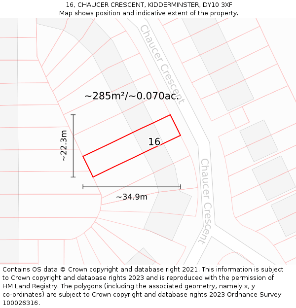 16, CHAUCER CRESCENT, KIDDERMINSTER, DY10 3XF: Plot and title map