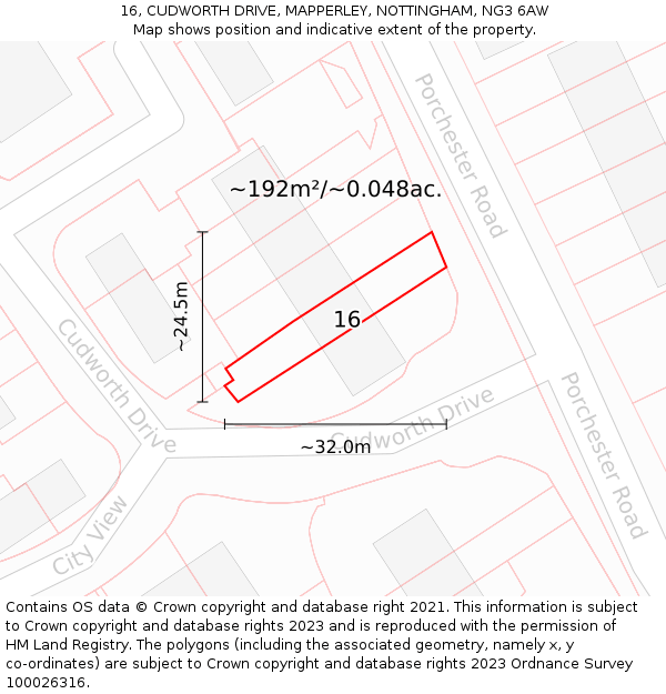 16, CUDWORTH DRIVE, MAPPERLEY, NOTTINGHAM, NG3 6AW: Plot and title map