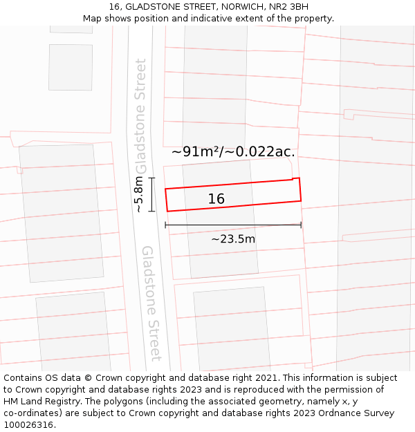 16, GLADSTONE STREET, NORWICH, NR2 3BH: Plot and title map