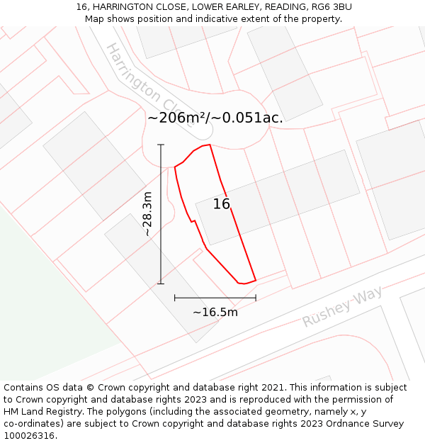 16, HARRINGTON CLOSE, LOWER EARLEY, READING, RG6 3BU: Plot and title map
