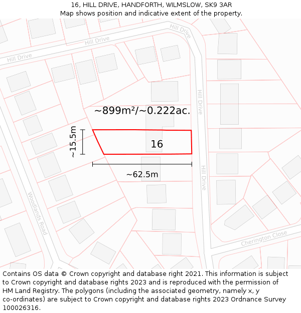 16, HILL DRIVE, HANDFORTH, WILMSLOW, SK9 3AR: Plot and title map