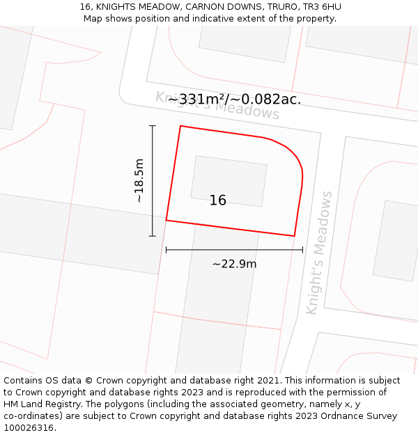 16, KNIGHTS MEADOW, CARNON DOWNS, TRURO, TR3 6HU: Plot and title map