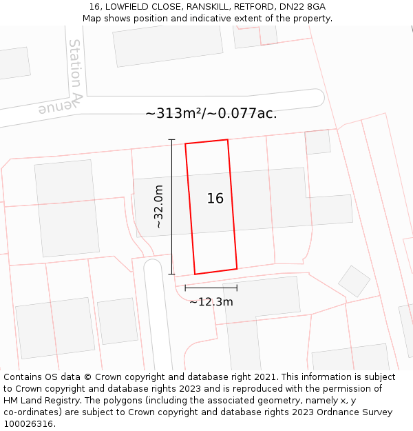 16, LOWFIELD CLOSE, RANSKILL, RETFORD, DN22 8GA: Plot and title map