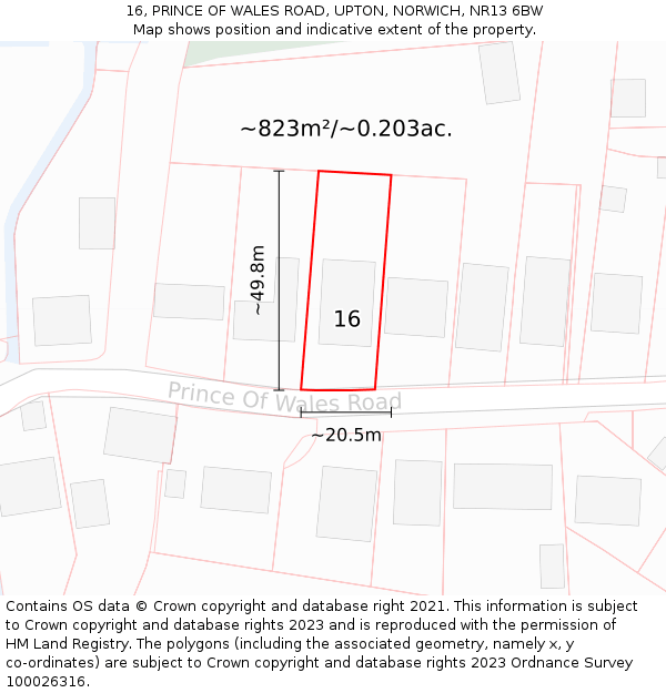 16, PRINCE OF WALES ROAD, UPTON, NORWICH, NR13 6BW: Plot and title map