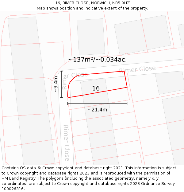 16, RIMER CLOSE, NORWICH, NR5 9HZ: Plot and title map
