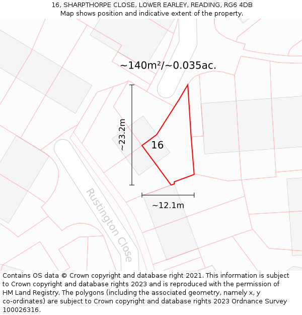 16, SHARPTHORPE CLOSE, LOWER EARLEY, READING, RG6 4DB: Plot and title map