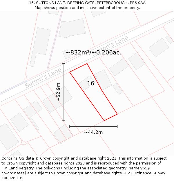 16, SUTTONS LANE, DEEPING GATE, PETERBOROUGH, PE6 9AA: Plot and title map