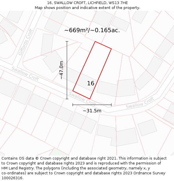 16, SWALLOW CROFT, LICHFIELD, WS13 7HE: Plot and title map