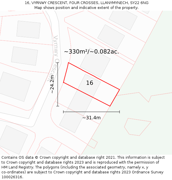 16, VYRNWY CRESCENT, FOUR CROSSES, LLANYMYNECH, SY22 6NG: Plot and title map
