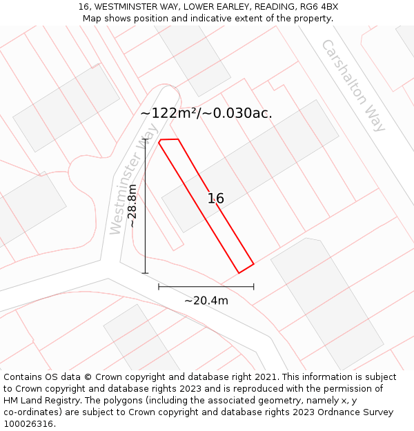 16, WESTMINSTER WAY, LOWER EARLEY, READING, RG6 4BX: Plot and title map