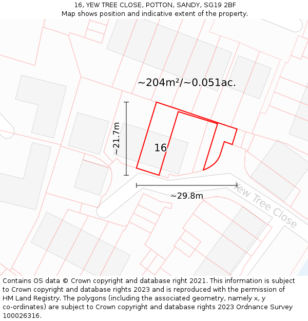 16, YEW TREE CLOSE, POTTON, SANDY, SG19 2BF: Plot and title map