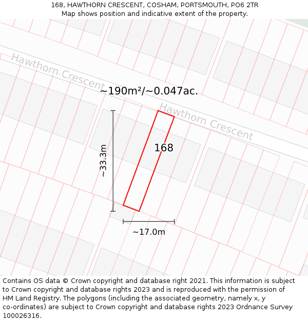 168, HAWTHORN CRESCENT, COSHAM, PORTSMOUTH, PO6 2TR: Plot and title map