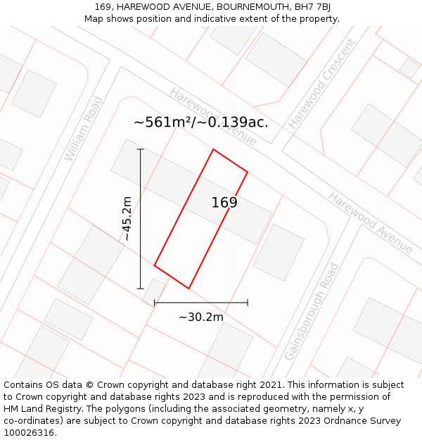 169, HAREWOOD AVENUE, BOURNEMOUTH, BH7 7BJ: Plot and title map