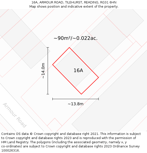 16A, ARMOUR ROAD, TILEHURST, READING, RG31 6HN: Plot and title map