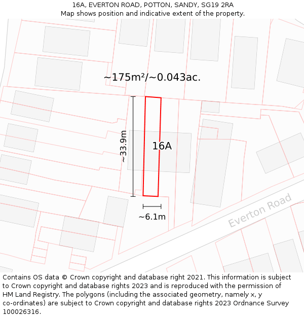 16A, EVERTON ROAD, POTTON, SANDY, SG19 2RA: Plot and title map