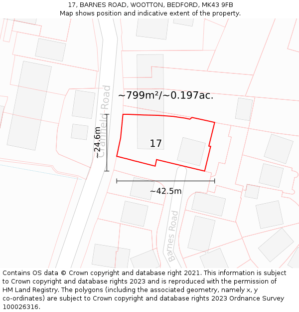 17, BARNES ROAD, WOOTTON, BEDFORD, MK43 9FB: Plot and title map