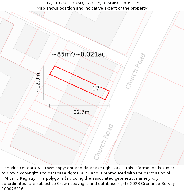 17, CHURCH ROAD, EARLEY, READING, RG6 1EY: Plot and title map