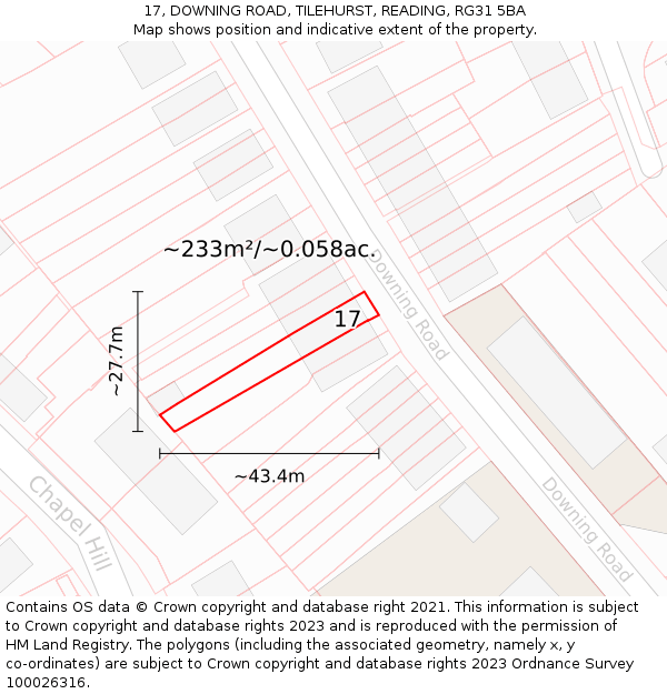 17, DOWNING ROAD, TILEHURST, READING, RG31 5BA: Plot and title map