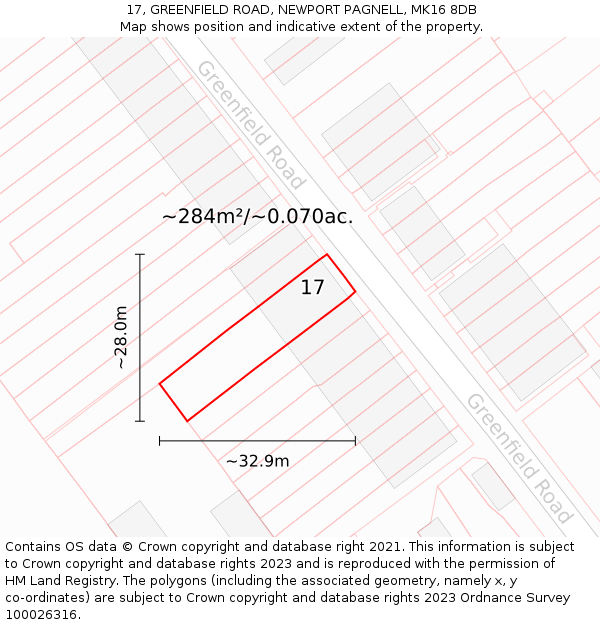 17, GREENFIELD ROAD, NEWPORT PAGNELL, MK16 8DB: Plot and title map