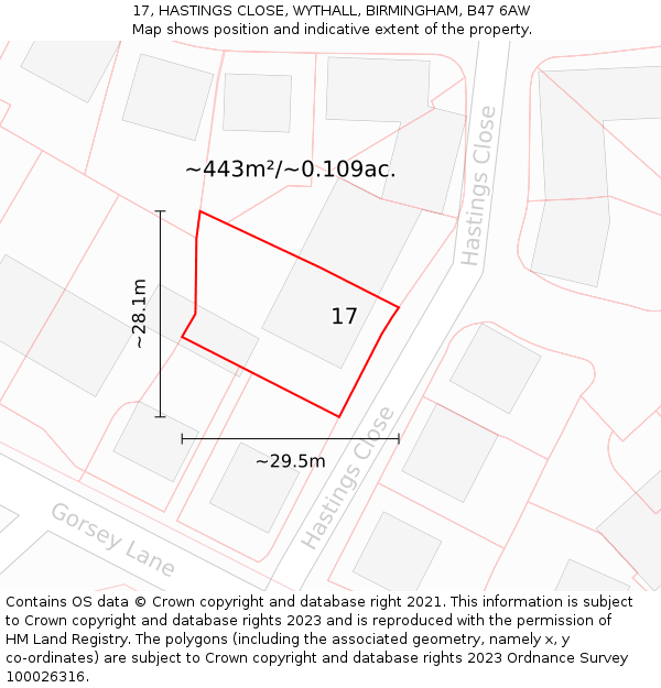 17, HASTINGS CLOSE, WYTHALL, BIRMINGHAM, B47 6AW: Plot and title map