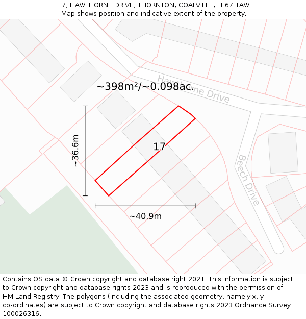 17, HAWTHORNE DRIVE, THORNTON, COALVILLE, LE67 1AW: Plot and title map
