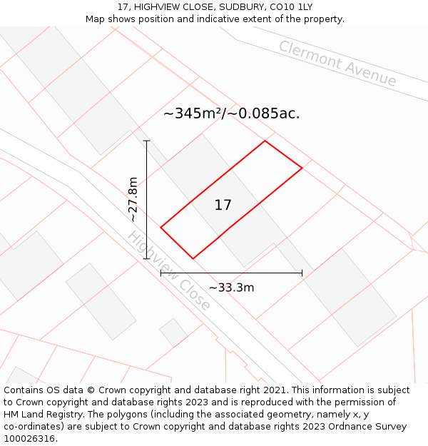 17, HIGHVIEW CLOSE, SUDBURY, CO10 1LY: Plot and title map