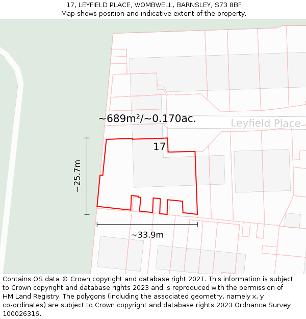 17, LEYFIELD PLACE, WOMBWELL, BARNSLEY, S73 8BF: Plot and title map