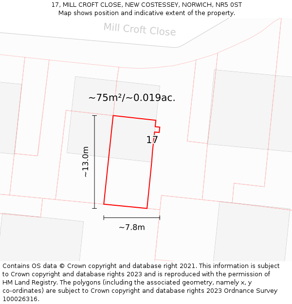 17, MILL CROFT CLOSE, NEW COSTESSEY, NORWICH, NR5 0ST: Plot and title map