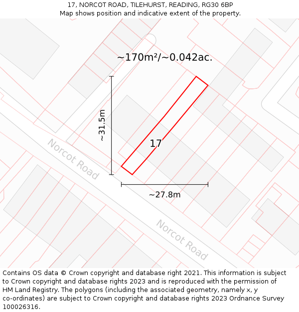 17, NORCOT ROAD, TILEHURST, READING, RG30 6BP: Plot and title map