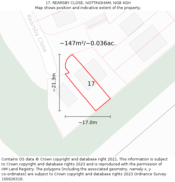 17, REARSBY CLOSE, NOTTINGHAM, NG8 4GH: Plot and title map
