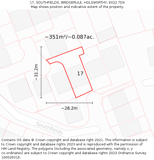 17, SOUTHFIELDS, BRIDGERULE, HOLSWORTHY, EX22 7DX: Plot and title map