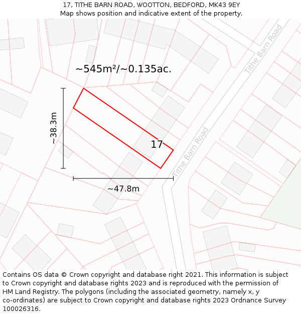 17, TITHE BARN ROAD, WOOTTON, BEDFORD, MK43 9EY: Plot and title map