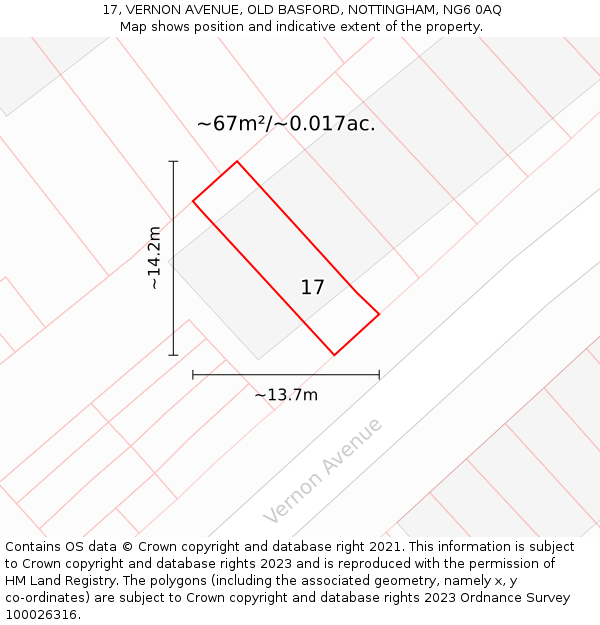 17, VERNON AVENUE, OLD BASFORD, NOTTINGHAM, NG6 0AQ: Plot and title map