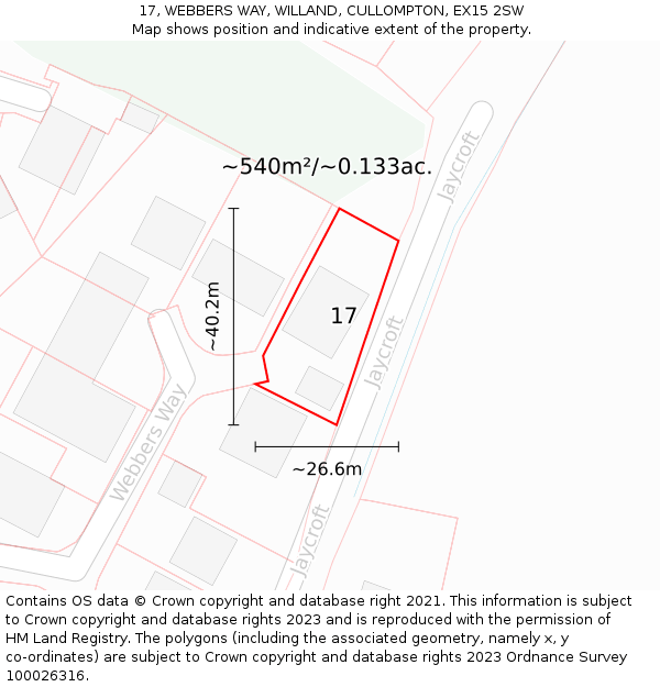 17, WEBBERS WAY, WILLAND, CULLOMPTON, EX15 2SW: Plot and title map