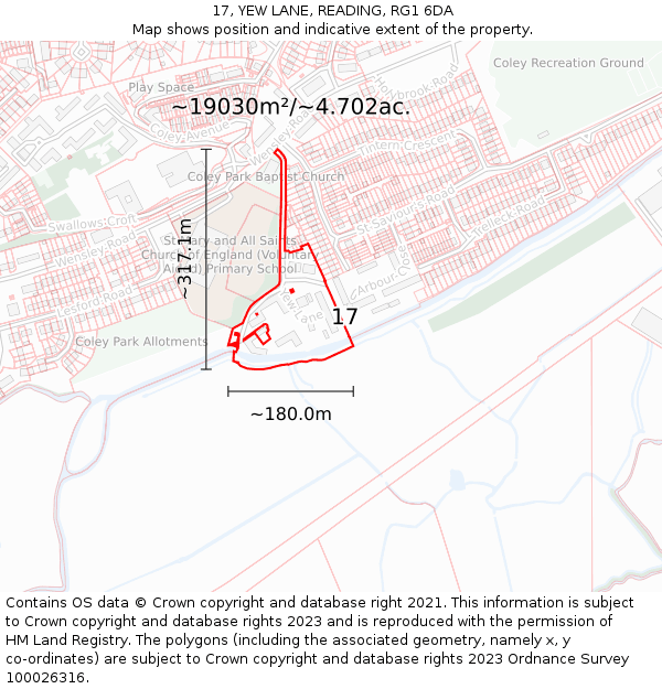 17, YEW LANE, READING, RG1 6DA: Plot and title map