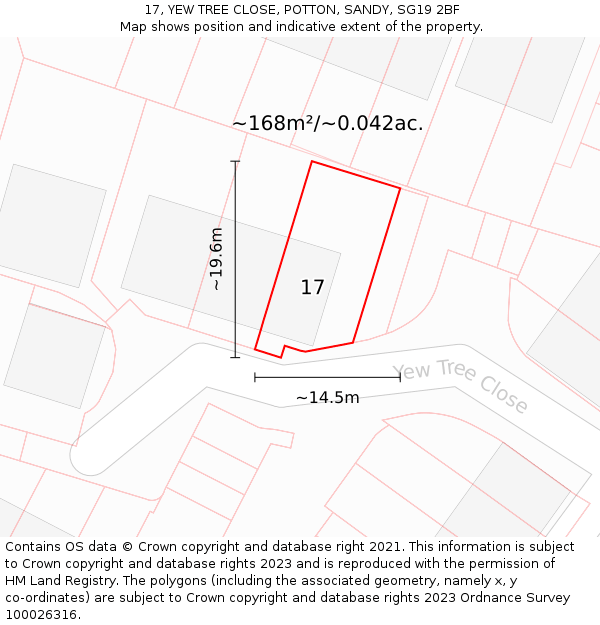 17, YEW TREE CLOSE, POTTON, SANDY, SG19 2BF: Plot and title map