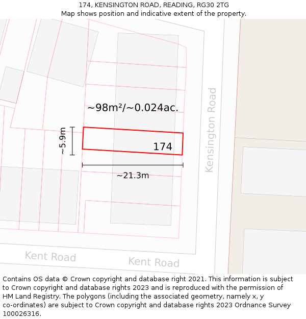174, KENSINGTON ROAD, READING, RG30 2TG: Plot and title map