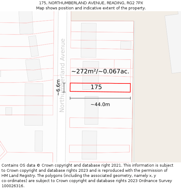 175, NORTHUMBERLAND AVENUE, READING, RG2 7PX: Plot and title map