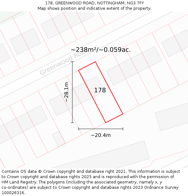 178, GREENWOOD ROAD, NOTTINGHAM, NG3 7FY: Plot and title map