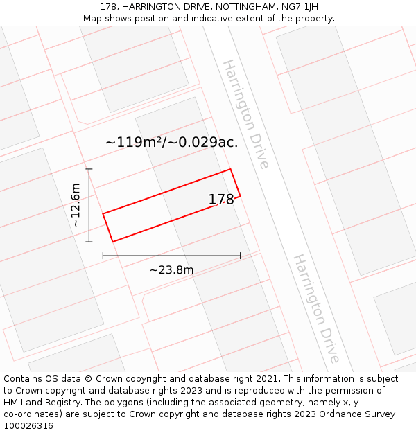 178, HARRINGTON DRIVE, NOTTINGHAM, NG7 1JH: Plot and title map