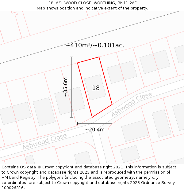 18, ASHWOOD CLOSE, WORTHING, BN11 2AF: Plot and title map