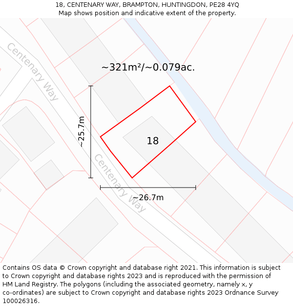 18, CENTENARY WAY, BRAMPTON, HUNTINGDON, PE28 4YQ: Plot and title map